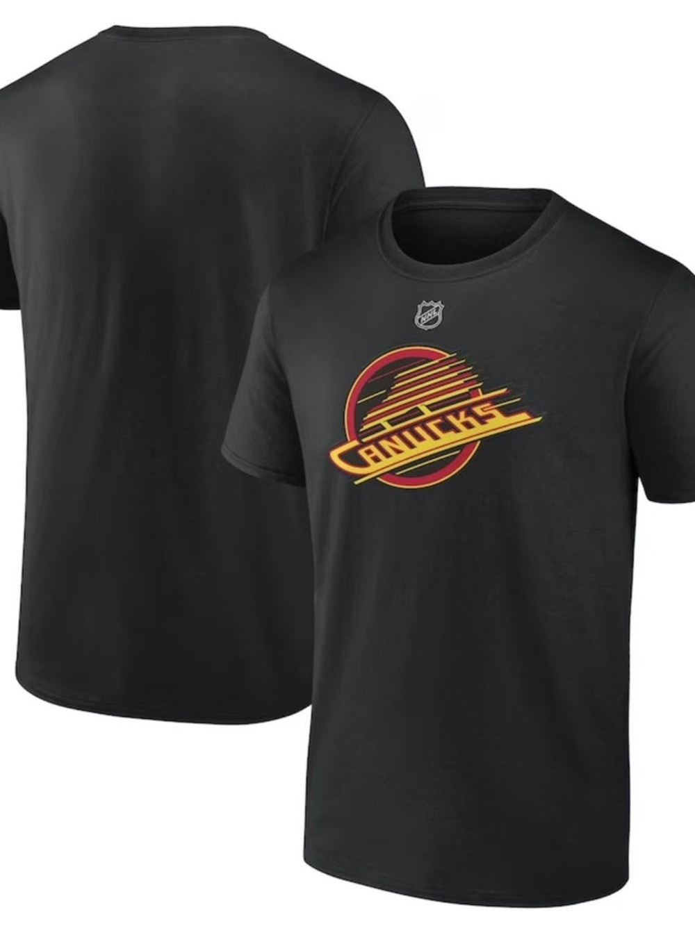 NHL Black Vancouver Canucks Retro Logo Tee with Red and Gold Accents
